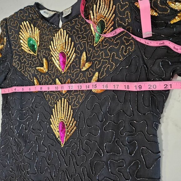 Vintage Denise Elle Black Silk Blouse Peacock Sequins Bling Holidays Party Top - Picture 8 of 12